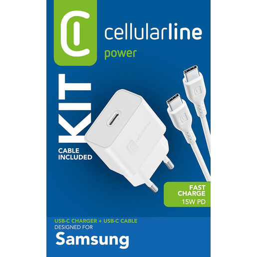 Cellularline USB-C Charger Kit 15W USB-C Charger Kit 15W carica velocemente e in tutta sicurezza i device Samsung con porta USB-C compatibili con la c
