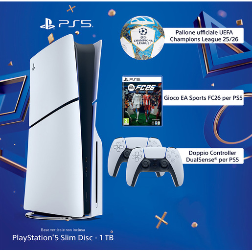 Image of Sony PlayStation 5 1 TB Wi-Fi Nero, Bianco Esclusiva Unieuro inclusi Doppio controller Dualsense  Gioco FC26 e Pallone Ufficiale UEFA Champions League