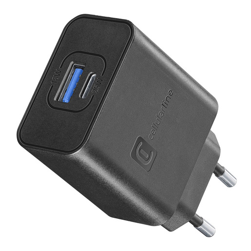 Image of Cellularline Dual Super Fast Charger 25W - Samsung Caricabatterie da rete 2 porte USB e USB-C con tecnologia Super Fast Charging 25W