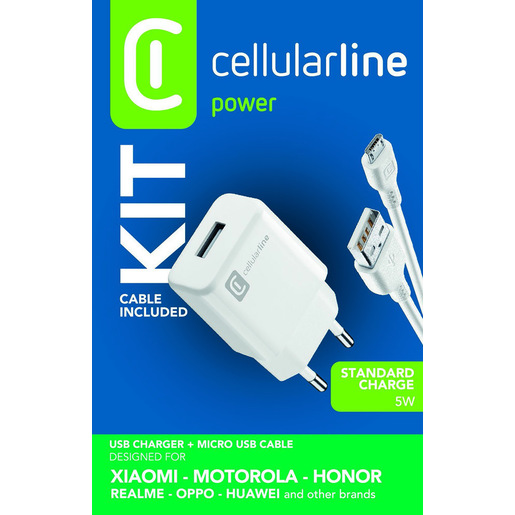Cellularline USB Charger Kit 1A - Micro USB - Huawei, Xiaomi, Wiko, Asus and other smartphone Caricabatterie da rete 1A con cavo Micro USB