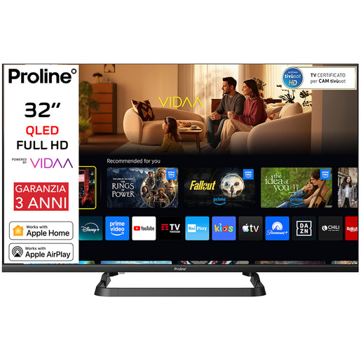 Proline PRO32QM10VDA SMART TV QLED 32'' FULL HD, Sistema operativo VIDAA, Triplo tuner DVBT2/C/S2, Certificato TivuSAT, Piedistallo centrale, Dolby Audio