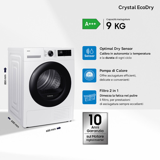 Samsung Asciugatrice Crystal EcoDry 9 Kg DV90DG52A0AEET