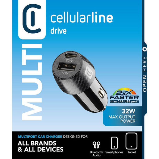 Image of Cellularline Car Multipower 2 FAST+ - iPhone, Samsung, Xiaomi, Oppo and other Smartphones and Tablets Caricabatterie da auto veloce con porta USB e po