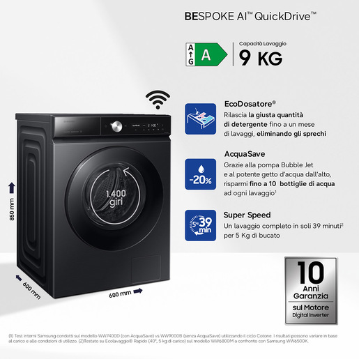 Samsung QuickDrive 8000 Series WW90DB8U95GB lavatrice Caricamento frontale 9 kg 1400 Giri/min Nero