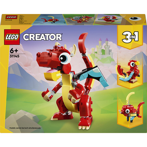 Image of LEGO Creator 31145 3in1 Drago Rosso, Giochi per Bambini di 6+ Anni, Action Figure Ricostruibile in Pesce e Fenice Giocattolo