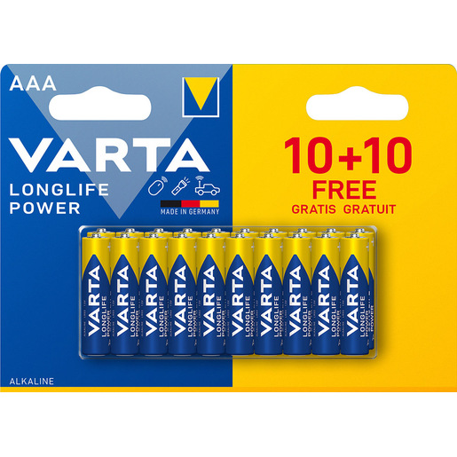 Image of Varta Longlife Power, Batteria Alcalina, AAA, Micro, LR03, 1.5V, Blister da 10+10, Made in Germany