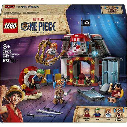 Image of LEGO ONE PIECE 75637 La Tenda del Circo di Bagy il Clown, Giocattolo con 4 Minifigure e 2 Poster Ricercato, Regalo Bambini 8+