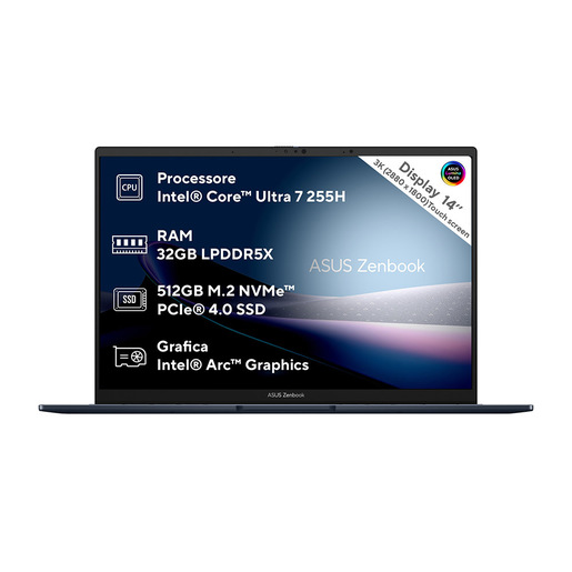 ASUS Zenbook 14 UX3405CA-PZ462W Intel Core Ultra 7 255H Computer portatile 35,6 cm (14'') Touch screen 3K 32 GB LPDDR5x-SDRAM 512 GB SSD Wi-Fi 7 (802.11b