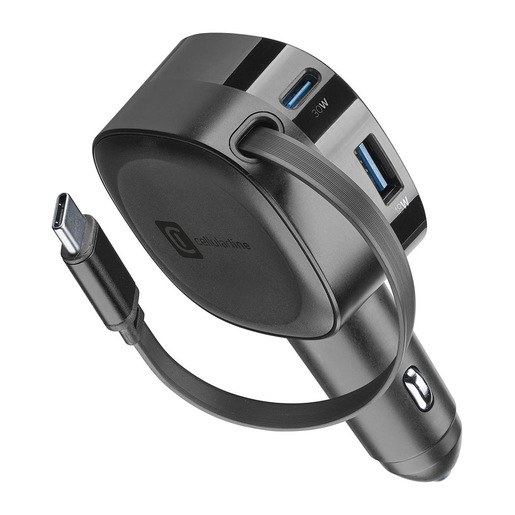 Image of Cellularline Retractable Car Charger Caricabatterie da auto 60W con cavo retrattile