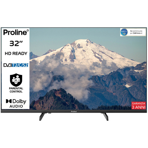 Proline PRO32M10 TV 32'' HD, Triplo tuner DVBT2/C/S2, Certificato TivuSAT, Piedini installabili in doppia posizione stretta/larga, Dolby Audio, Parental