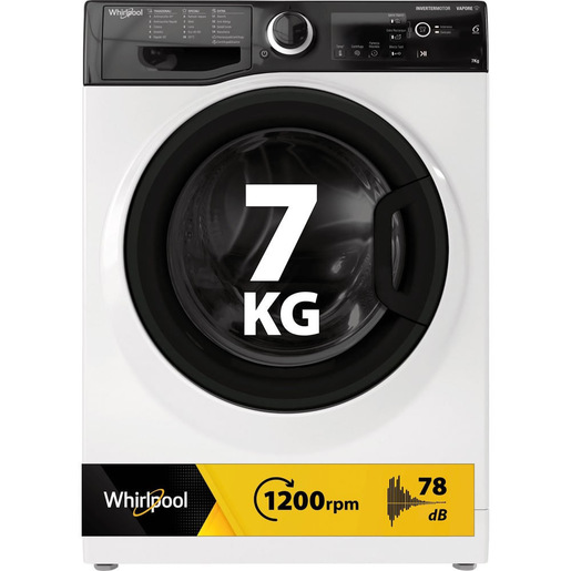 Whirlpool WSB 726 K IT, 7kg, classe A, Bianco, Inverter, 1200 giri, Display digitale XL, porta nera, Vapore