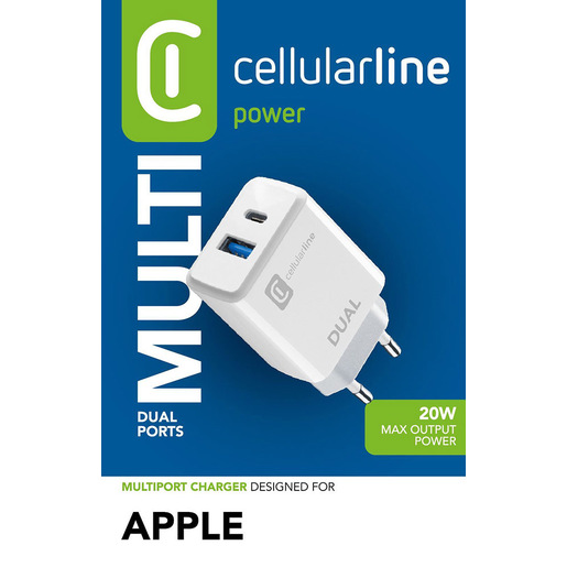 Image of Cellularline Dual Charger - iPhone 8 or later Caricabatterie da rete con 2 porte USB e USB-C per la carica simultanea di due dispositivi Apple