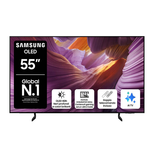 Samsung OLED AI TV 55” QE55S85FAUXZT 4K, Processore NQ4 AI Gen2, 4K AI Upscaling, Schermo antiriflesso, OLED HDR, Dolby Atmos & OTS Lite, Contour Design