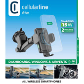 cellularline Hug Air 15 Supporto Smartphone da Auto Carica Wireless Qi,Apertura e Chiusura Automatica,Doppio Attacco Ventosa per Cruscotto e Gancio per Alette Aerazione,Output 10W, Nero, Universale