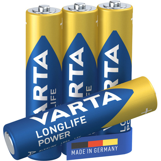 Image of Varta Longlife Power, Batteria Alcalina, AAA, Micro, LR03, 1.5V, Blister da 4, Made in Germany