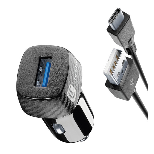 Cellularline Car Charger Kt 18W Caricabatterie da auto 18W con porta USB-A e cavo USB-C incluso, compatibile con smartphone e tablet Quick Charge.