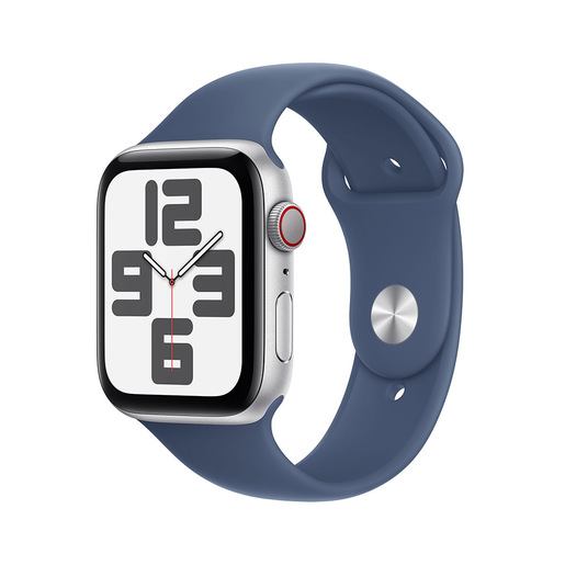Image of Apple Watch SE GPS + Cellular 44mm Cassa in Alluminio Color Argento con Denim Sport Band - M/L
