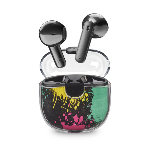Music Sound Drip Auricolari Bluetooth a capsula con custodia trasparente e fantasie originali