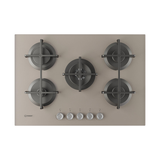 Image of Indesit ING 72T/TD 1 piano gas vetro tortora 75cm 5 fuochi bruciatore doppia corona griglie in ghisa lavabili in lavastoviglie