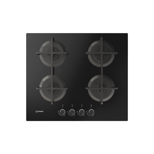 Image of Indesit ING 61T/BK 1 piano gas vetro nero 60cm 4 fuochi griglie in ghisa lavabili in lavastoviglie