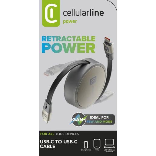 Image of Cellularline - Cavo USB-C/USB-C retraibile Cavo USB-C/USB-C retraibile. Regge una potenza fino a 100W, necessaria per caricare correttamente tutti i d