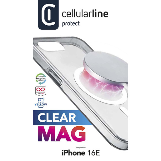 Image of Cellularline Clear Mag - iPhone 16e Custodia trasparente ultra resistente con bordo in gomma, compatibile con ecosistema Qi2 e accessori magnetici, tratt