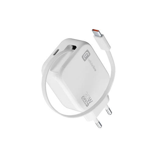 Image of Cellularline Retractable Power 30W Caricabatterie da rete 30W con cavo retrattile USB-C e porta USB-C