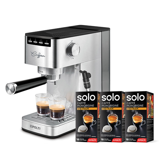 Image of Polti Coffea P10S, macchina da caffè manuale compatibile con caffè macinato e in cialde, con montalatte. Incluse 54 cialde di SOLO, il caffè di