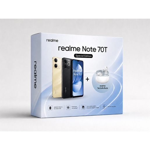 realme Note Note 70T smartphone 17,1 cm (6.74'') Doppia SIM Android 15 4G USB tipo-C 4 GB 128 GB 6000 mAh Oro + TechLife Buds bianche