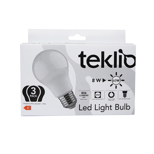 TEKLIO A60 8 Confezione 3 lampadine LED 8W E27 classe F
