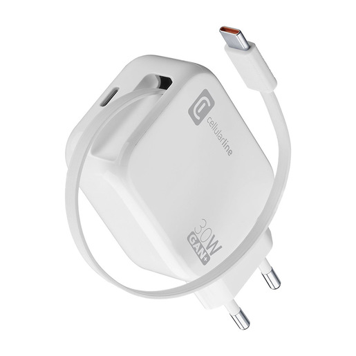Image of Cellularline Retractable Power 30W Caricabatterie da rete 30W con cavo retrattile USB-C e porta USB-C