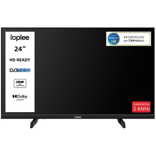 IOPLEE IOP24V2M10 TV 24'' HD, Triplo tuner DVBT2/C/S2, Certificato TivuSAT, Dolby Audio, Parental Control