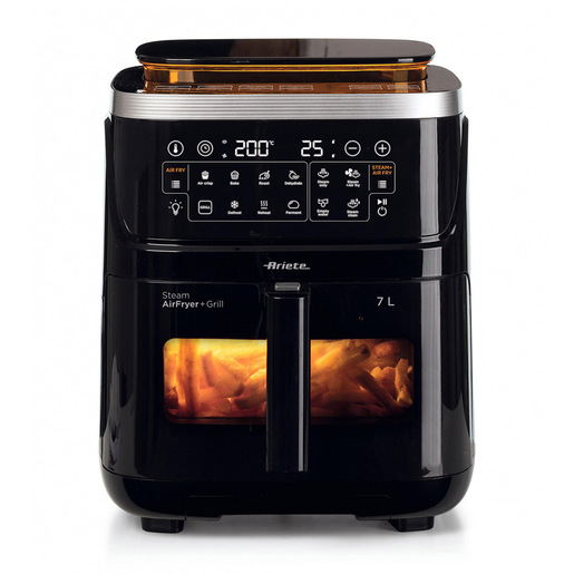 Image of Ariete 4636 Friggitrice ad aria con funzione vapore+ Grill, 1700W, Funzione essiccazione, 10 funzioni di cottura, Cestello trasparente, Timer, Luce in