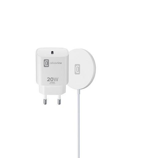 Cellularline Mag Kit Wireless Charger - iPhone 12 and later Base di ricarica wireless magnetica per sistema MagSafe e alimentatore USB-C 20W
