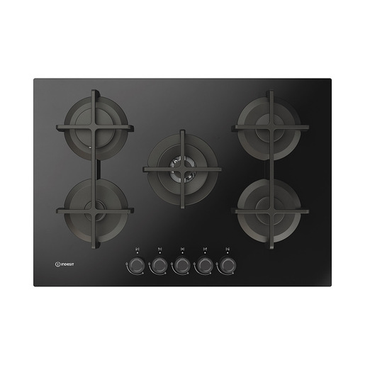 Image of Indesit ING 72T/BK 1 piano gas vetro nero 75cm 5 fuochi bruciatore doppia corona griglie in ghisa lavabili in lavastoviglie