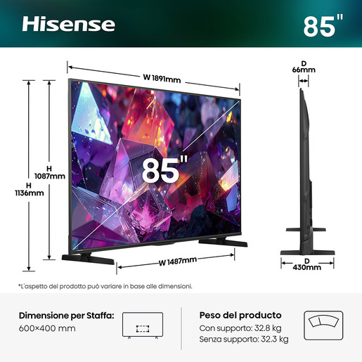 Hisense Smart TV QLED 144Hz 85'' 4K 85Q7S PRO, Audio Dolby Atmos, VIDAA OS con 1000+ APP, Dolby Vision IQ, HDR 10+, Native 144Hz Game Mode, AirPlay2, Ale