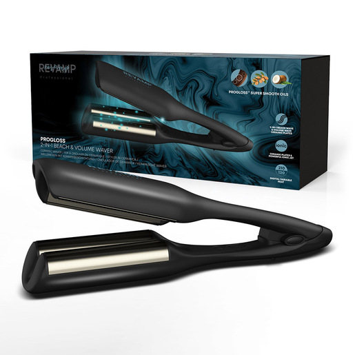 Image of        Revamp Progloss 2-in-1 Beach & Volume Waver Ferro per ricci Caldo Nero