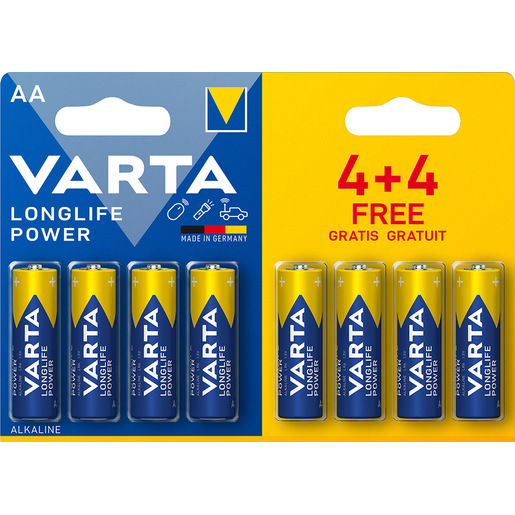 Image of Varta Longlife Power, Batteria Alcalina, AA, Mignon, LR6, 1.5V, Blister da 4+4, Made in Germany