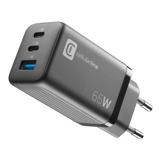 Cellularline Multipower Micro 65W Caricabatterie da rete veloce ultracompatto 3 porte, 65W