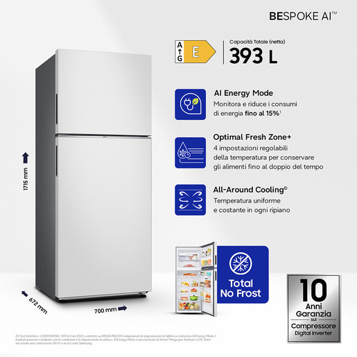 Image of Samsung RT38CB6624C1 frigorifero Doppia Porta BESPOKE AI Libera installazione con congelatore Wifi 393 L Classe E, Inox